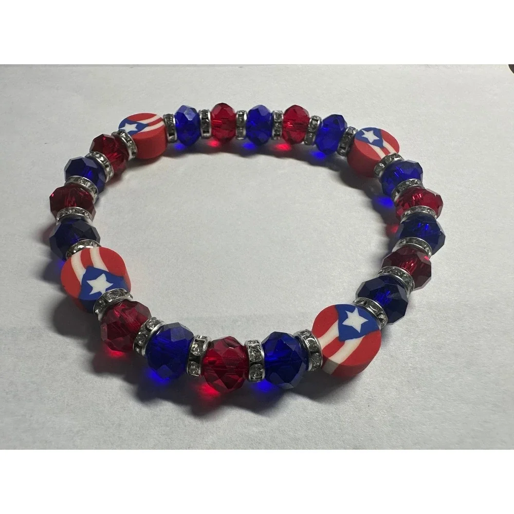 Puerto Rico Flag Beaded Elastic Stretch Bracelet Red Blue Bangle Jewelry